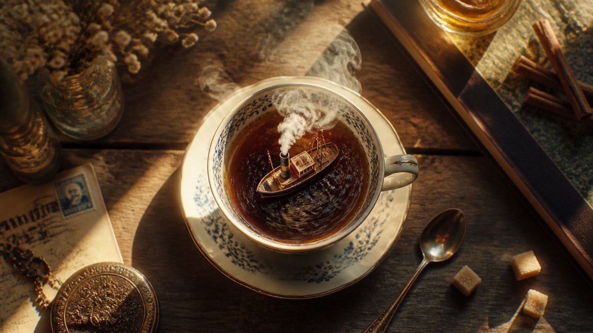 一艘小蒸汽船漂浮在茶杯之中,当茶杯被端起时,茶面泛起涟漪。, 图片 1