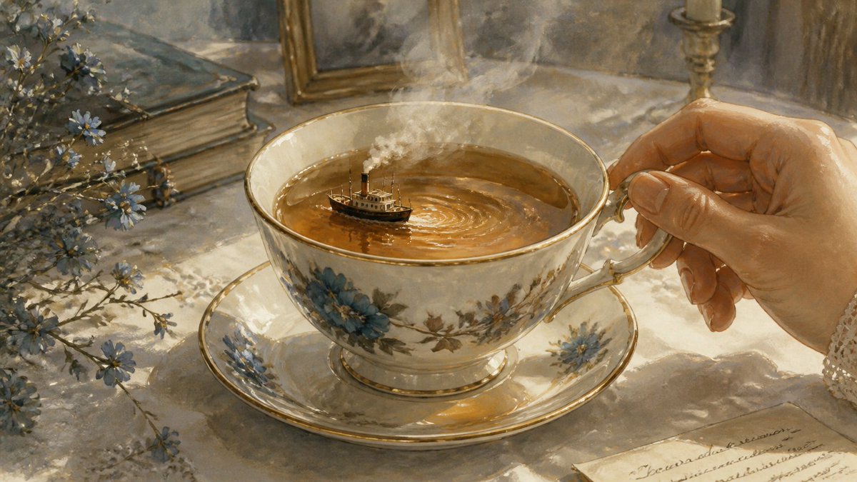 一艘小蒸汽船漂浮在茶杯之中,当茶杯被端起时,茶面泛起涟漪。, 图片 2