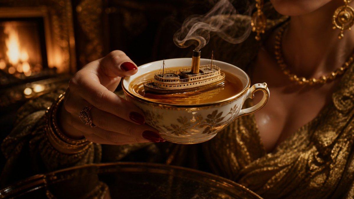 一艘小蒸汽船漂浮在茶杯之中,当茶杯被端起时,茶面泛起涟漪。, 图片 4