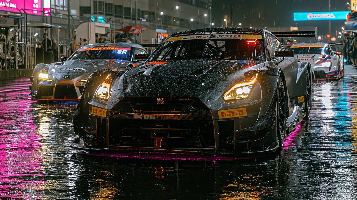 三辆日本Super GT赛车停放在夜晚灯火霓虹的潮湿赛道上,前方是哑光黑色宽体套件Nissan GT-R Super GT,带有洋红色底盘灯和…, 图片 1