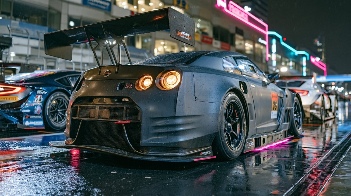 三辆日本Super GT赛车停放在夜晚灯火霓虹的潮湿赛道上,前方是哑光黑色宽体套件Nissan GT-R Super GT,带有洋红色底盘灯和…, 图片 2