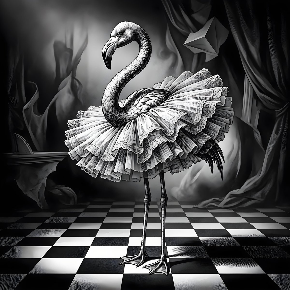 A black and white, highly detailed, surrealist illustration depicts a flamingo …