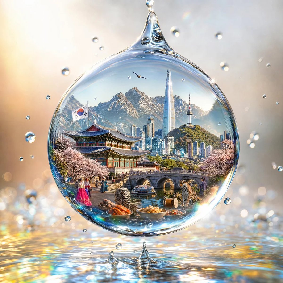创作一幅令人惊叹的 4:5 竖版超写实艺术图像，画面中有一颗悬浮在空中的晶莹剔透的水滴，[COUNTRY] 的完整视觉形象被神奇地包含在这颗水…, 图片 4