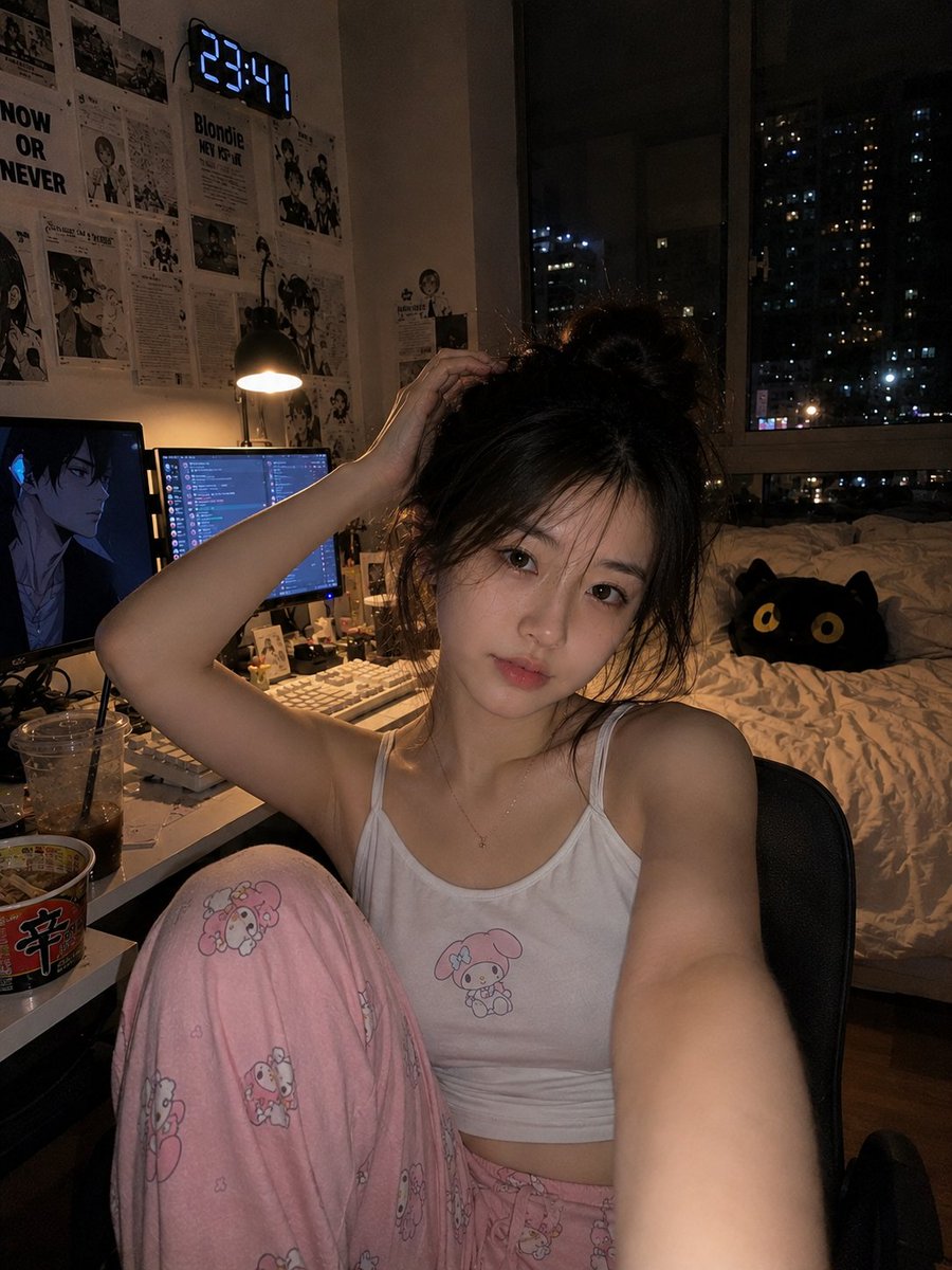 超写实的温馨深夜卧室自拍照,一位年轻的东亚女性随意地坐在书桌椅子里,旁边是她的游戏和学习装置。她拥有柔嫩的肌肤、精致的自然五官、富有表现力的大…, 图片 2