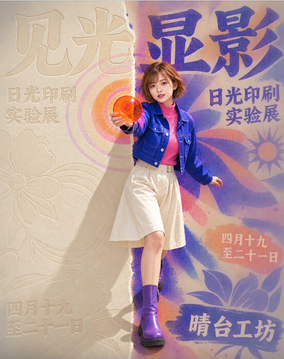 让同一张棉纸同时保留曝光前后两个时刻。垂直边界一侧是几乎无色的压痕,另一侧是被日光唤醒的高饱和光致变色油墨;人物跨线而立,身体两半接受不同的纸…, 图片 1