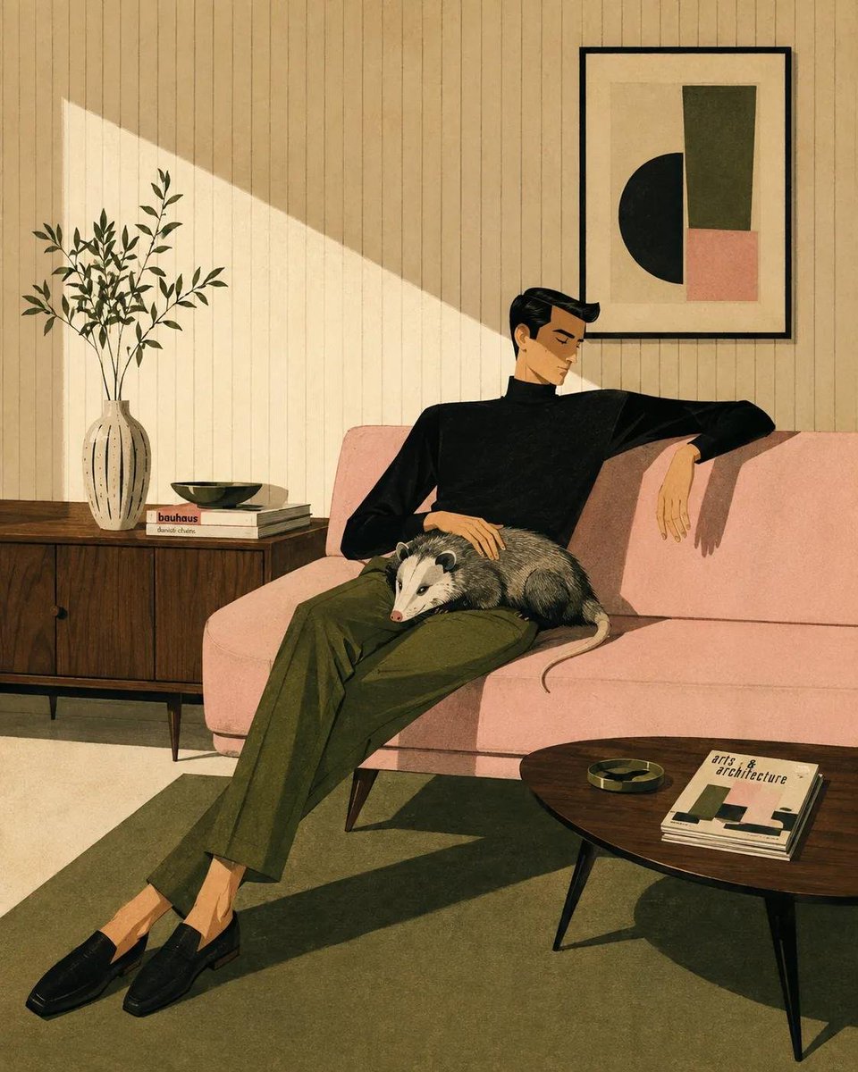 风格化的中世纪现代主义插画，画中[HUMAN]以[POSE]的姿态慵懒地倚靠在[SOFA]上，身着[CLOTHING]，旁边有[ANIMAL]…, 图片 1