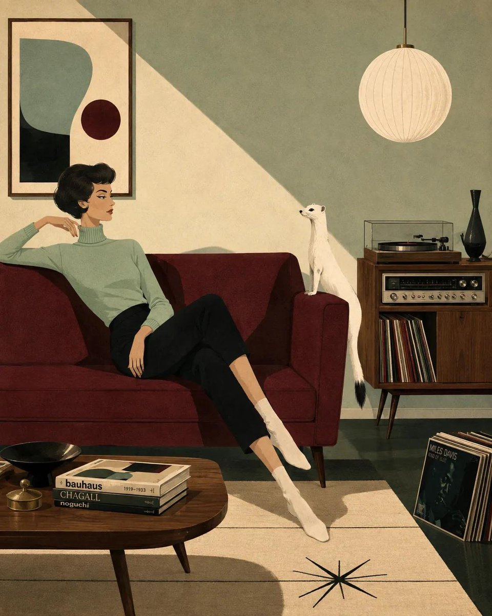 风格化的中世纪现代主义插画，画中[HUMAN]以[POSE]的姿态慵懒地倚靠在[SOFA]上，身着[CLOTHING]，旁边有[ANIMAL]…, 图片 2