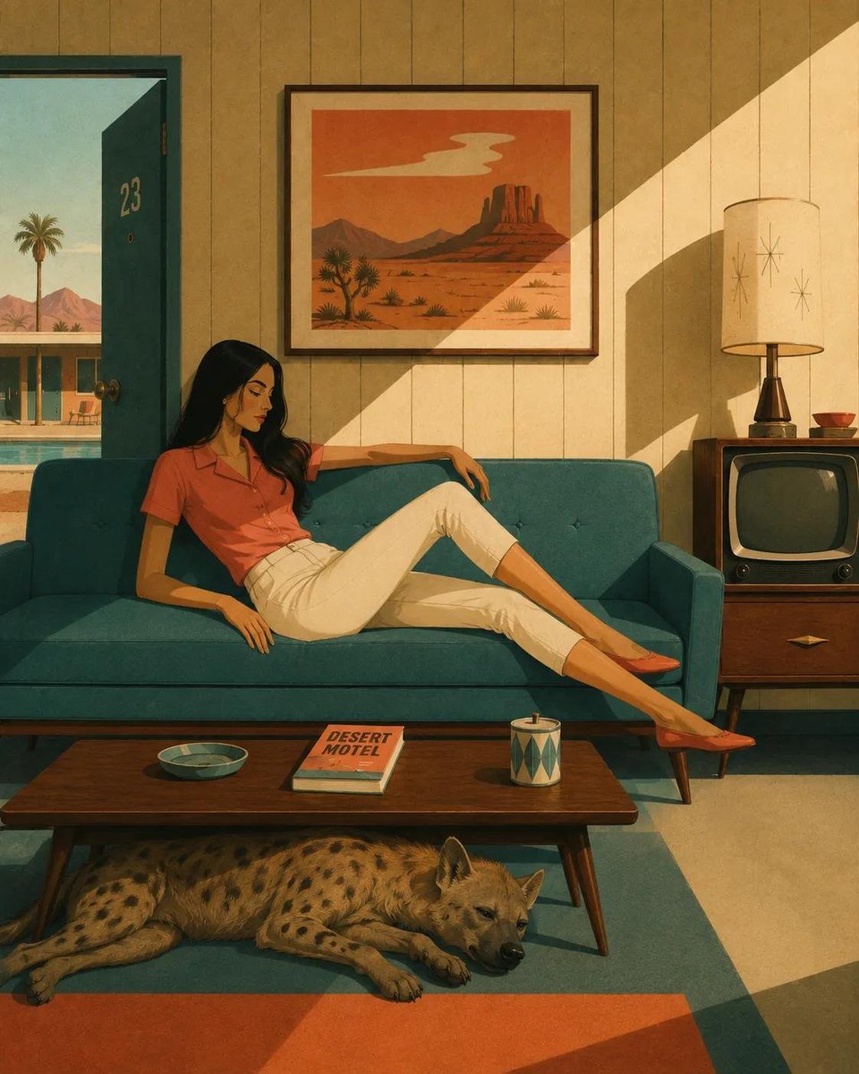 风格化的中世纪现代主义插画，画中[HUMAN]以[POSE]的姿态慵懒地倚靠在[SOFA]上，身着[CLOTHING]，旁边有[ANIMAL]…, 图片 3