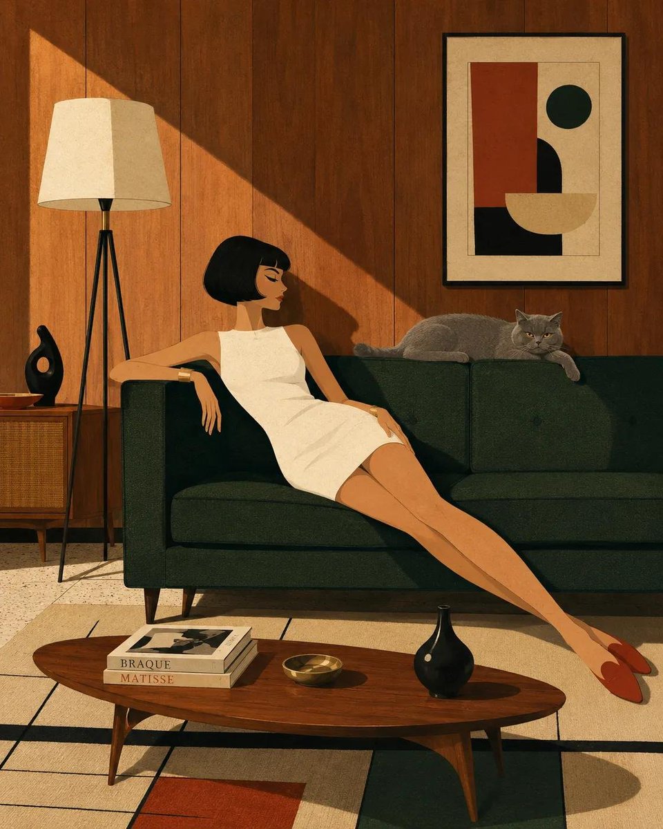 风格化的中世纪现代主义插画，画中[HUMAN]以[POSE]的姿态慵懒地倚靠在[SOFA]上，身着[CLOTHING]，旁边有[ANIMAL]…, 图片 4