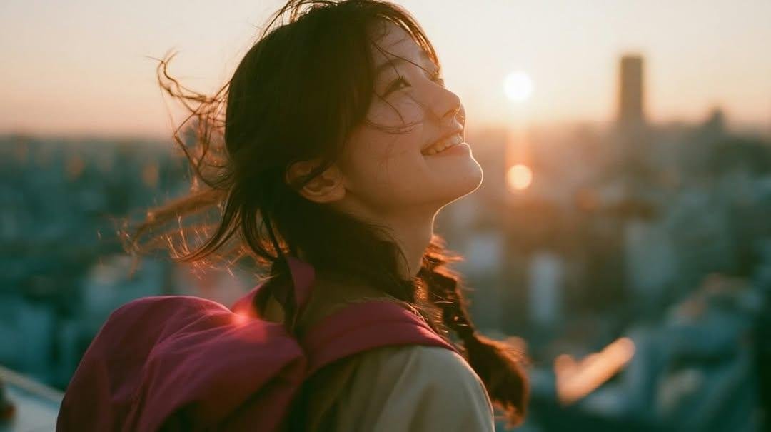 创作一幅电影感十足、怀旧的金色时刻人像照：一位年轻女子站在黄昏时分的大型城市窗户或玻璃幕墙旁，身着休闲浅色上衣，肩上自然搭着一件粉色毛衣，背着…, 图片 1