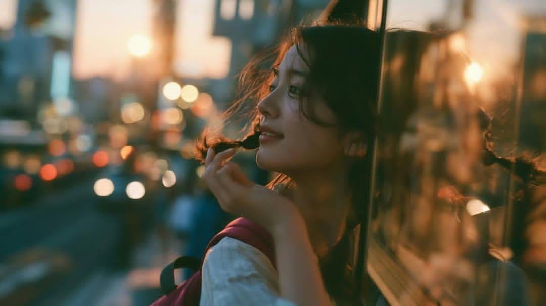 创作一幅电影感十足、怀旧的金色时刻人像照：一位年轻女子站在黄昏时分的大型城市窗户或玻璃幕墙旁，身着休闲浅色上衣，肩上自然搭着一件粉色毛衣，背着…, 图片 2