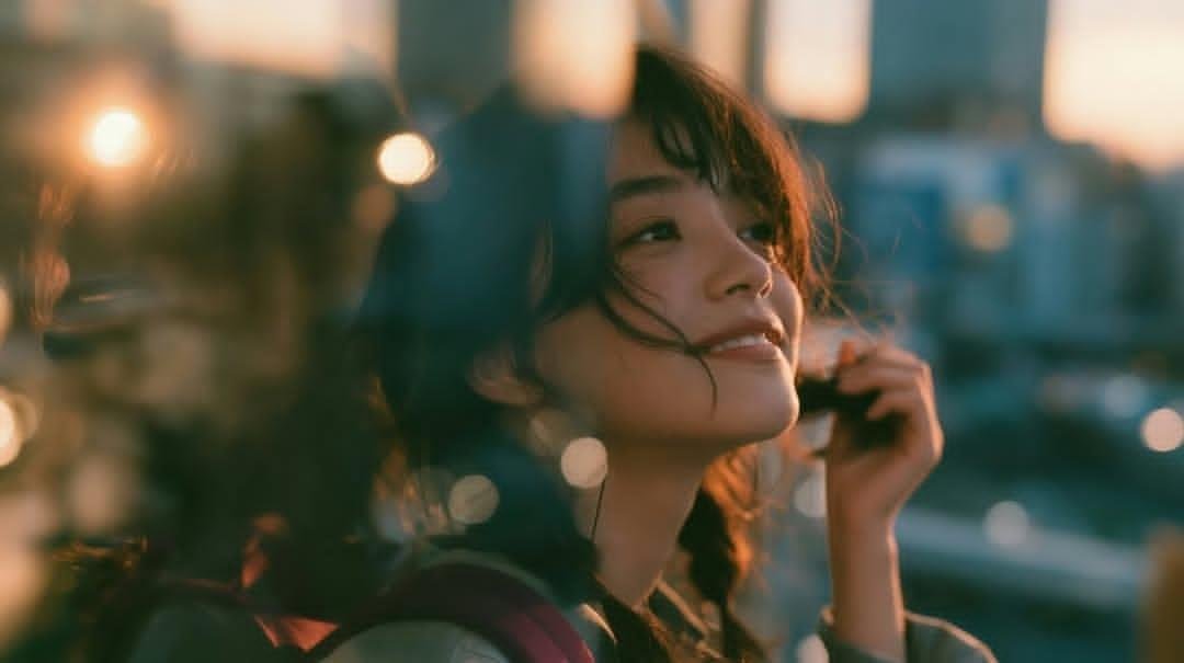 创作一幅电影感十足、怀旧的金色时刻人像照：一位年轻女子站在黄昏时分的大型城市窗户或玻璃幕墙旁，身着休闲浅色上衣，肩上自然搭着一件粉色毛衣，背着…, 图片 3