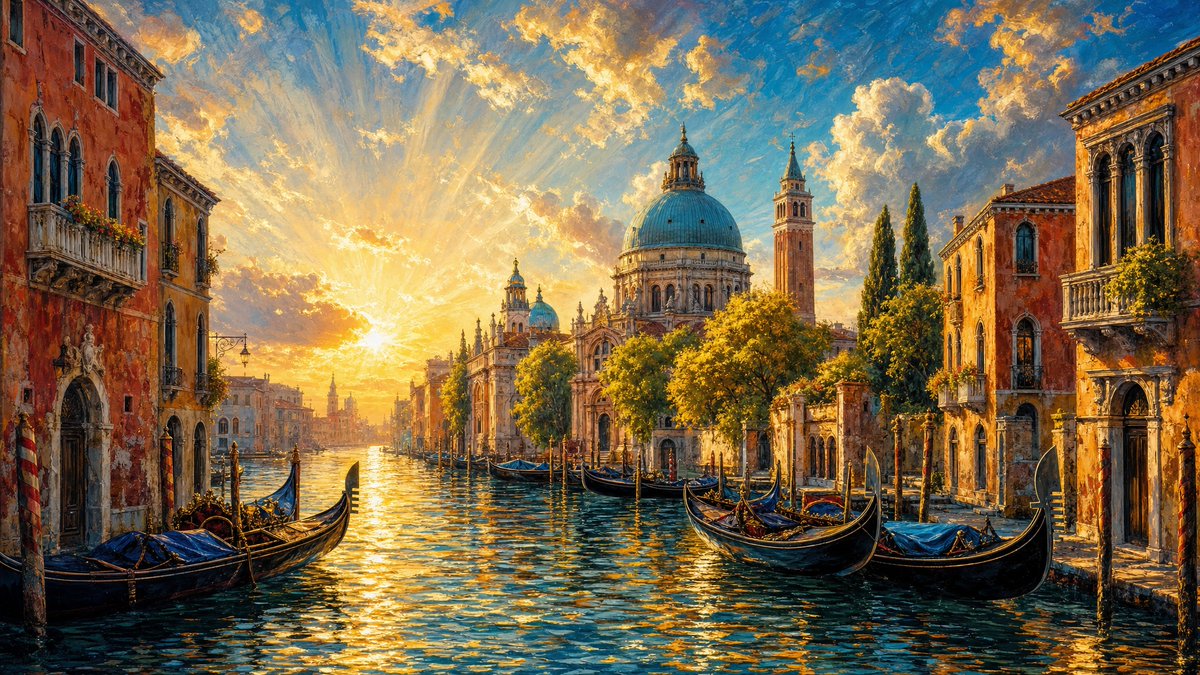 一幅生动的、绘画风格的旅游海报式城市景观,描绘了金色时刻的威尼斯运河,以浓郁饱和的蓝色、金色和温暖的赤陶色调渲染。主角场景聚焦于波光粼粼的阳光…, 图片 1