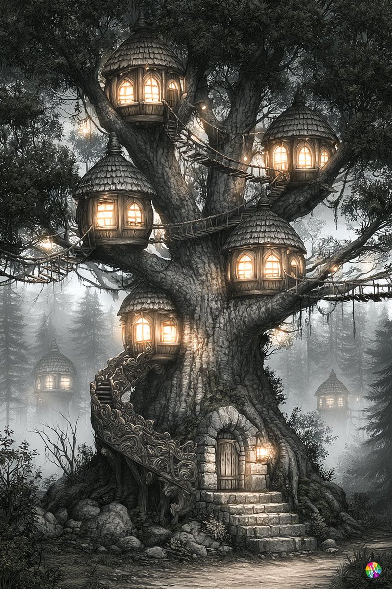 奇幻数字绘画，黄昏光影，暖金色窗户光芒映衬冷蓝灰色天空，画意细节，电影感氛围。一棵巨大的古老橡树作为多层级树屋村落，几间圆形木质荚状小屋错落分…, 图片 1