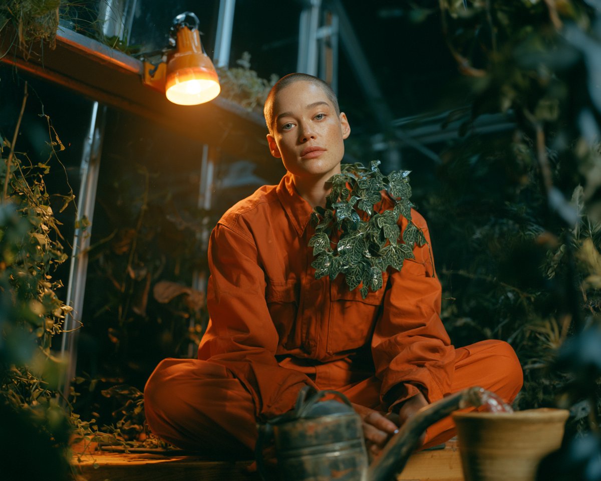 纪实风格抓拍的业余摄影作品,一位成年女性,留着短短的平头,灰色眼睛,嘴唇上方有一颗小痣,夜晚时分盘腿坐在温室里的一张木质盆栽工作台上,一丛本该…, 图片 1