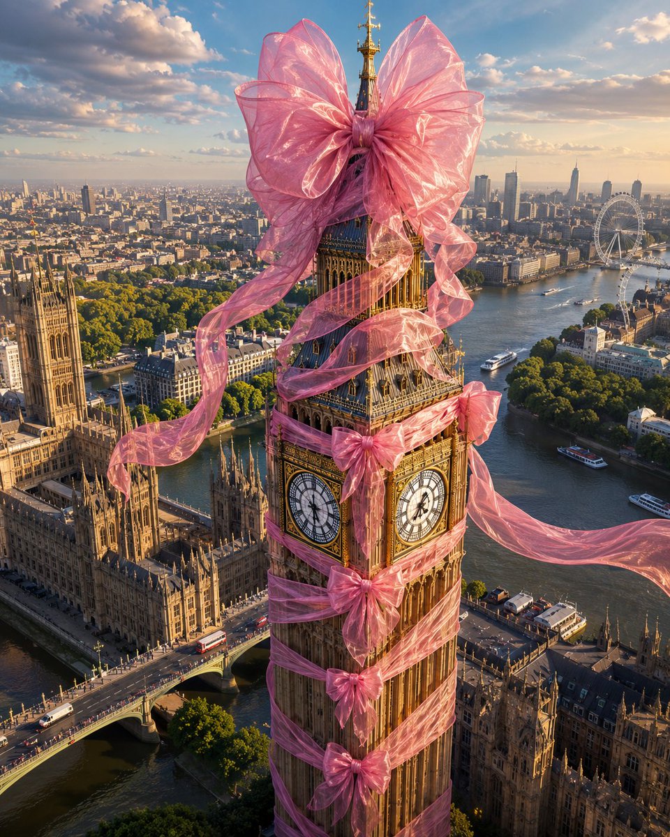 { "title": "Big Ben Couture: Wrapped in Pink Organza Elegance", "prompt": "An u…