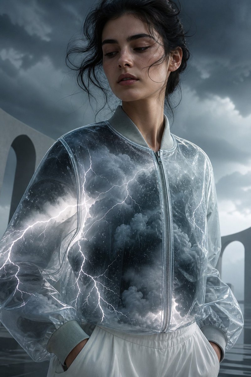 一位美丽的年轻女性,身着一件透明纸质纹理飞行员夹克,夹克内充满了实时雷暴——旋涡般的乌云、闪电、雨水在织物内部倾泻,超现实梦幻般的背景,空灵的…, 图片 1