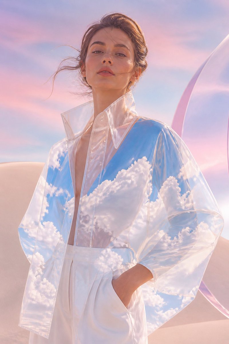 一位美丽的女性,身着一件轻盈如纸般透明的外套,外套内仿佛盛满了明媚的春日天空——洁白的蓬松积云、蓝色的天空斑块、面料上随微风轻轻荡漾的涟漪、超…, 图片 1