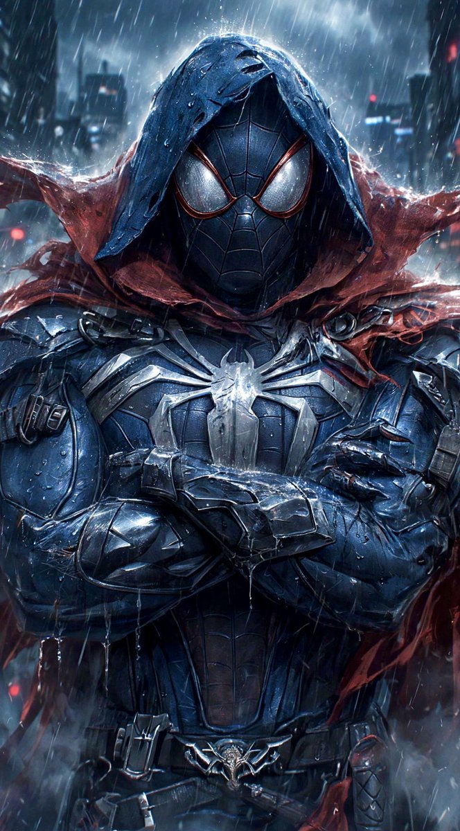 A dark armored spider-Man stands front-facing in heavy rain, arms crossed, wear…