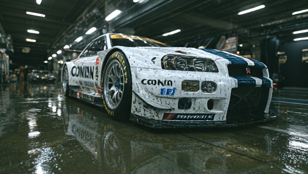 超写实的日产 Skyline GT-R R34 JGTC 赛车,真实的 Super GT 涂装,低暗调工作室打光,湿润碳纤维与光泽车漆,极度精…, 图片 1