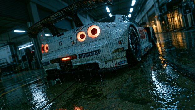 超写实的日产 Skyline GT-R R34 JGTC 赛车,真实的 Super GT 涂装,低暗调工作室打光,湿润碳纤维与光泽车漆,极度精…, 图片 2