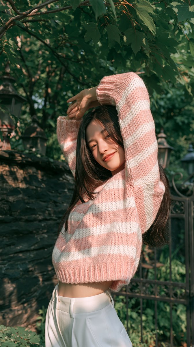 一张年轻女子在葱郁绿色花园中的自然随性户外生活方式人像。她俏皮地伸展身体,双臂举过头顶,在脸庞周围形成柔和的拱形;头部微微倾斜,带着温柔而俏皮…, 图片 2