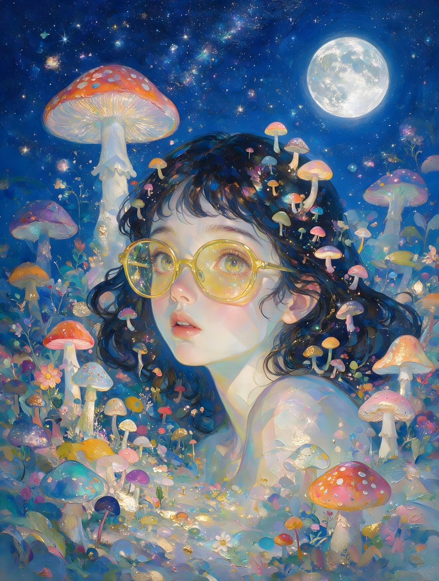 一幅超现实主义肖像画，描绘了一位年轻女性，她有着深色波浪卷发，戴着大大的圆形黄色镜片眼镜。她被一个充满活力的迷幻景观所环绕，景观中有超大尺寸的…, 图片 1