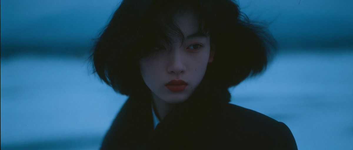 以电影《情书》的风格为基调,呈现岩井俊二的影像美学。一位身着深色冬季校服的中国女孩站在冰封的湖面上。整体采用清冷的青蓝色调,画面洁净极简,笼罩…, 图片 3