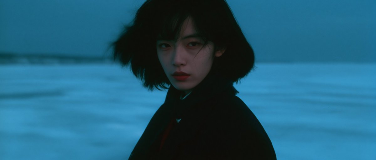以电影《情书》的风格为基调,呈现岩井俊二的影像美学。一位身着深色冬季校服的中国女孩站在冰封的湖面上。整体采用清冷的青蓝色调,画面洁净极简,笼罩…, 图片 4