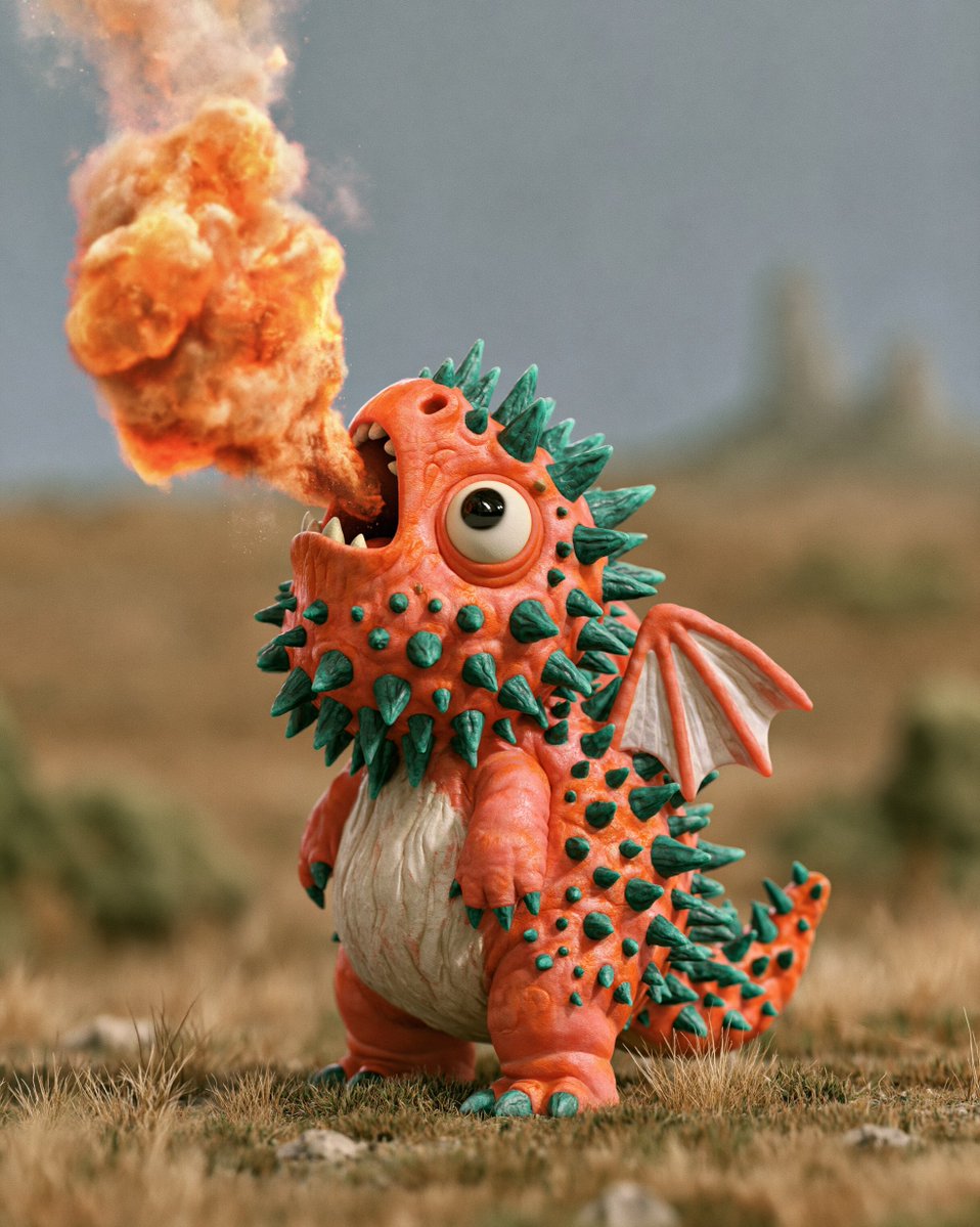 silly dragon, pink with green spikes, cute, breathing fire, full-body character…