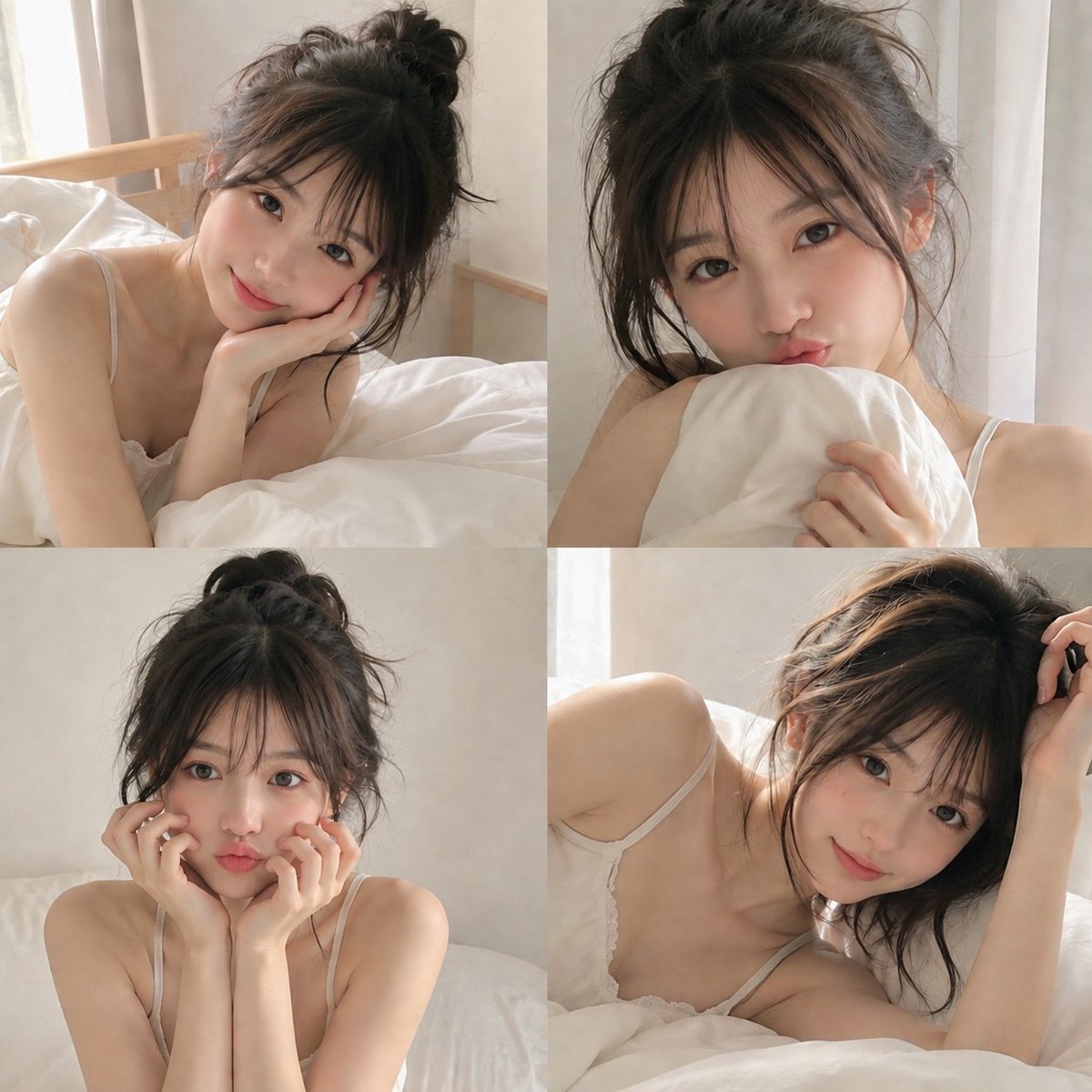 创建一个 2×2 写实风格的拼贴图，主题是一位可爱的成年日本女性在温馨的卧室里自拍。她拥有精致的女性化五官、清透自然的肌肤、柔和的粉色脸颊、水…, 图片 1