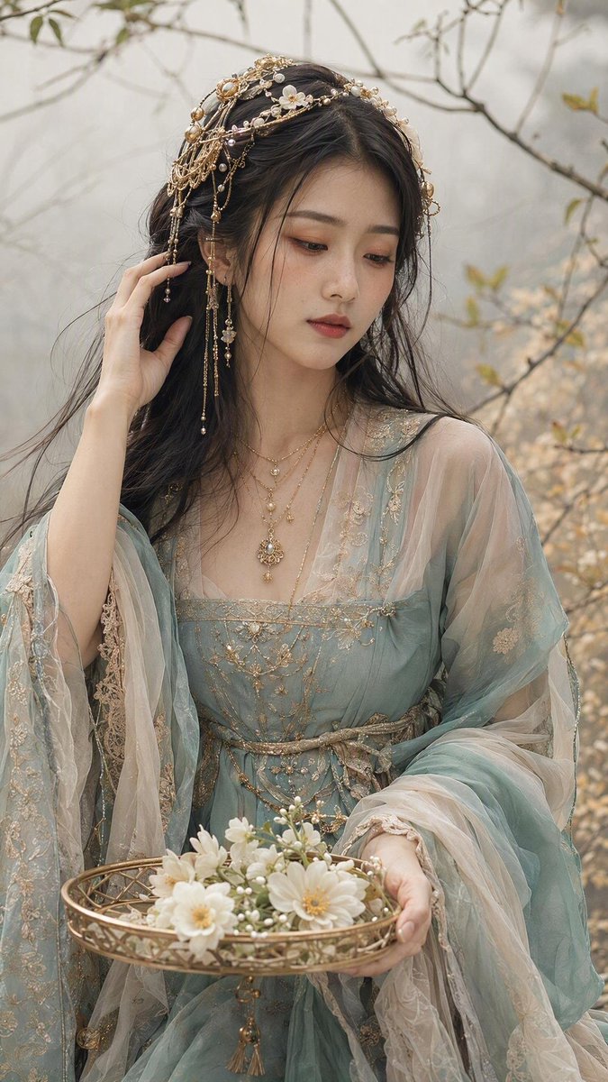 美丽女子置身于薄雾弥漫的极简自然场景中，伴有纤细的带叶枝条，整体色调为柔和米色与淡金配色。皮肤如真实瓷器般细腻，可见毛孔与细微瑕疵，暖桃色腮红…, 图片 1