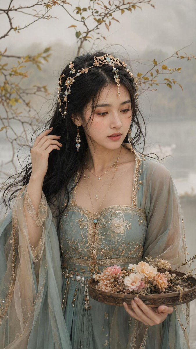 美丽女子置身于薄雾弥漫的极简自然场景中，伴有纤细的带叶枝条，整体色调为柔和米色与淡金配色。皮肤如真实瓷器般细腻，可见毛孔与细微瑕疵，暖桃色腮红…, 图片 2