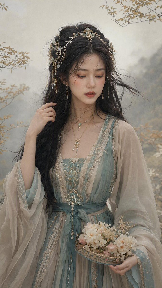 美丽女子置身于薄雾弥漫的极简自然场景中，伴有纤细的带叶枝条，整体色调为柔和米色与淡金配色。皮肤如真实瓷器般细腻，可见毛孔与细微瑕疵，暖桃色腮红…, 图片 3