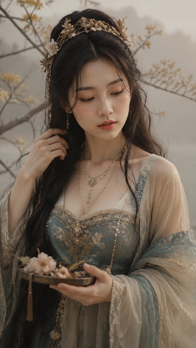 美丽女子置身于薄雾弥漫的极简自然场景中，伴有纤细的带叶枝条，整体色调为柔和米色与淡金配色。皮肤如真实瓷器般细腻，可见毛孔与细微瑕疵，暖桃色腮红…, 图片 4