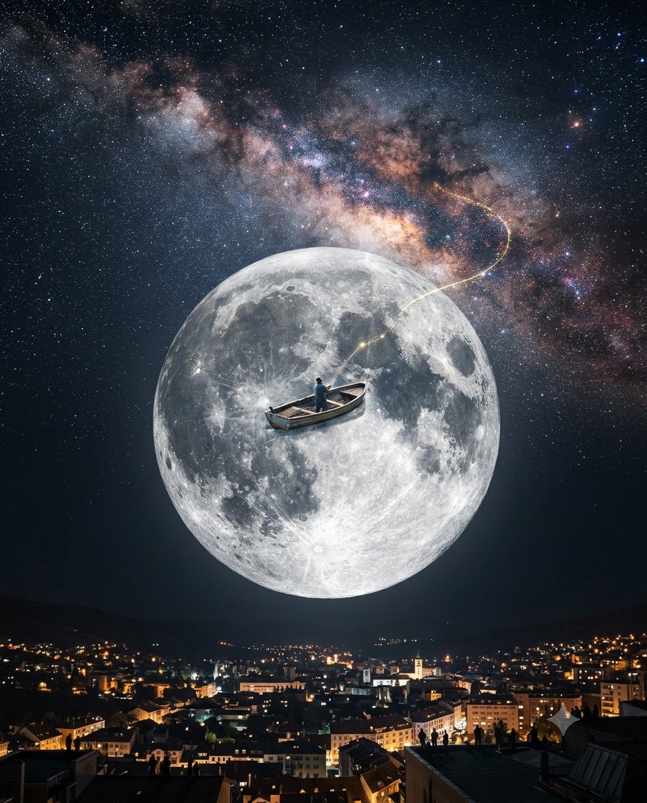 { "title": "Dream Fisherman", "prompt": "A tiny wooden fishing boat peacefully …