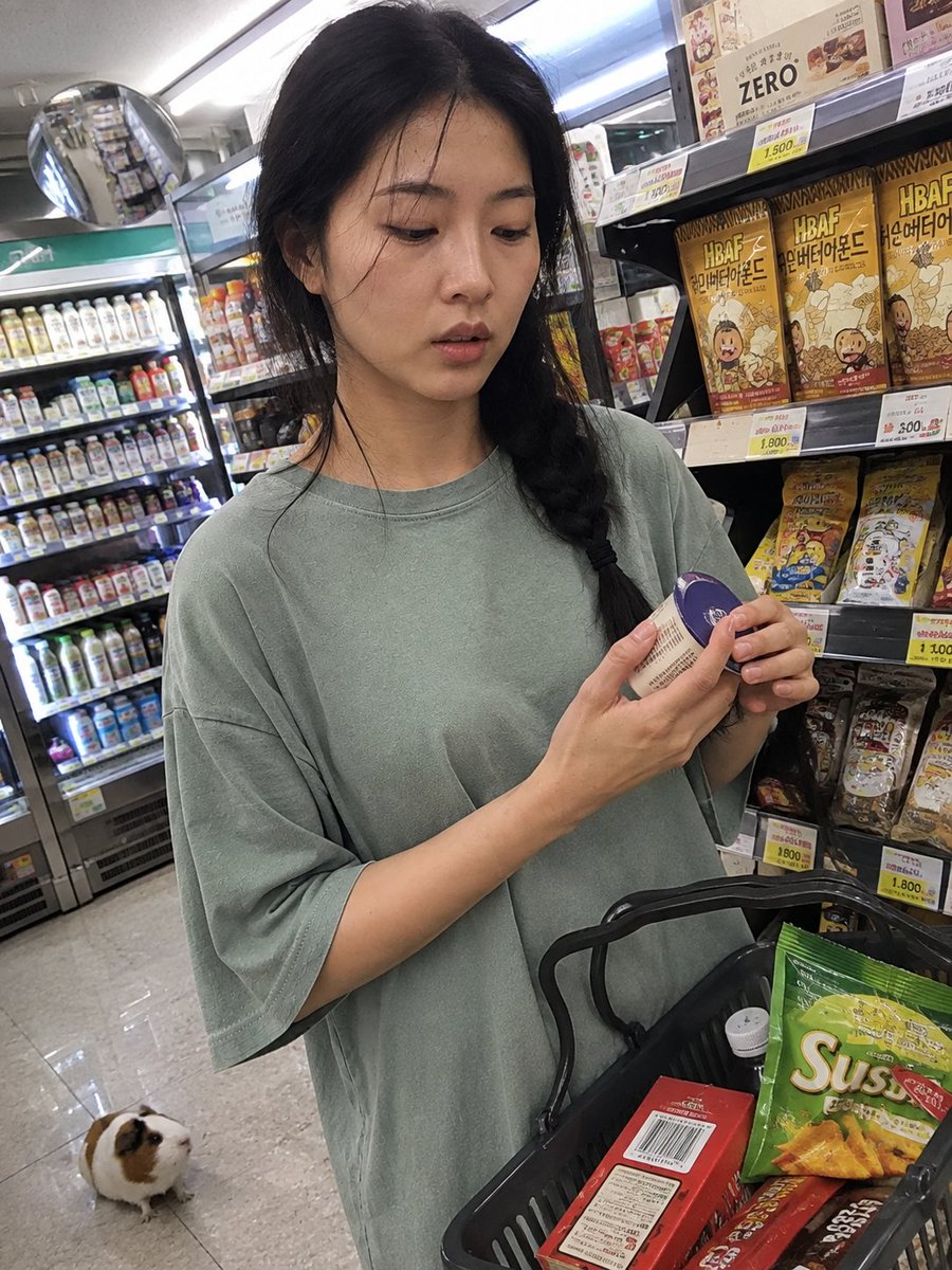 用iPhone前置摄像头意外抓拍的快照，拍摄于一家小型社区便利店内部。一位年轻的韩国女性站在收银台前排队，一边随意地用手抹去额头上的一丝汗珠，…, 图片 3