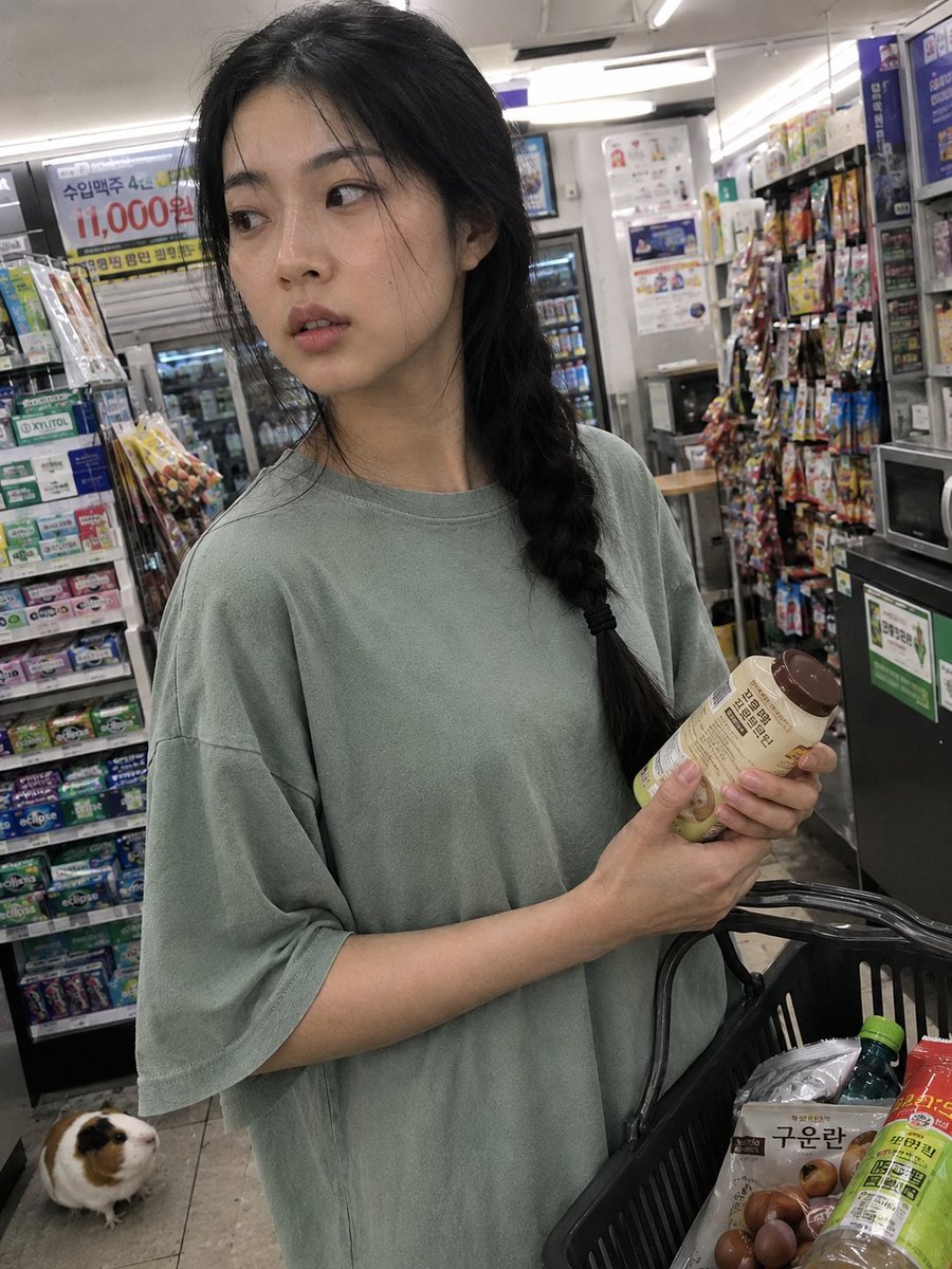 用iPhone前置摄像头意外抓拍的快照，拍摄于一家小型社区便利店内部。一位年轻的韩国女性站在收银台前排队，一边随意地用手抹去额头上的一丝汗珠，…, 图片 4