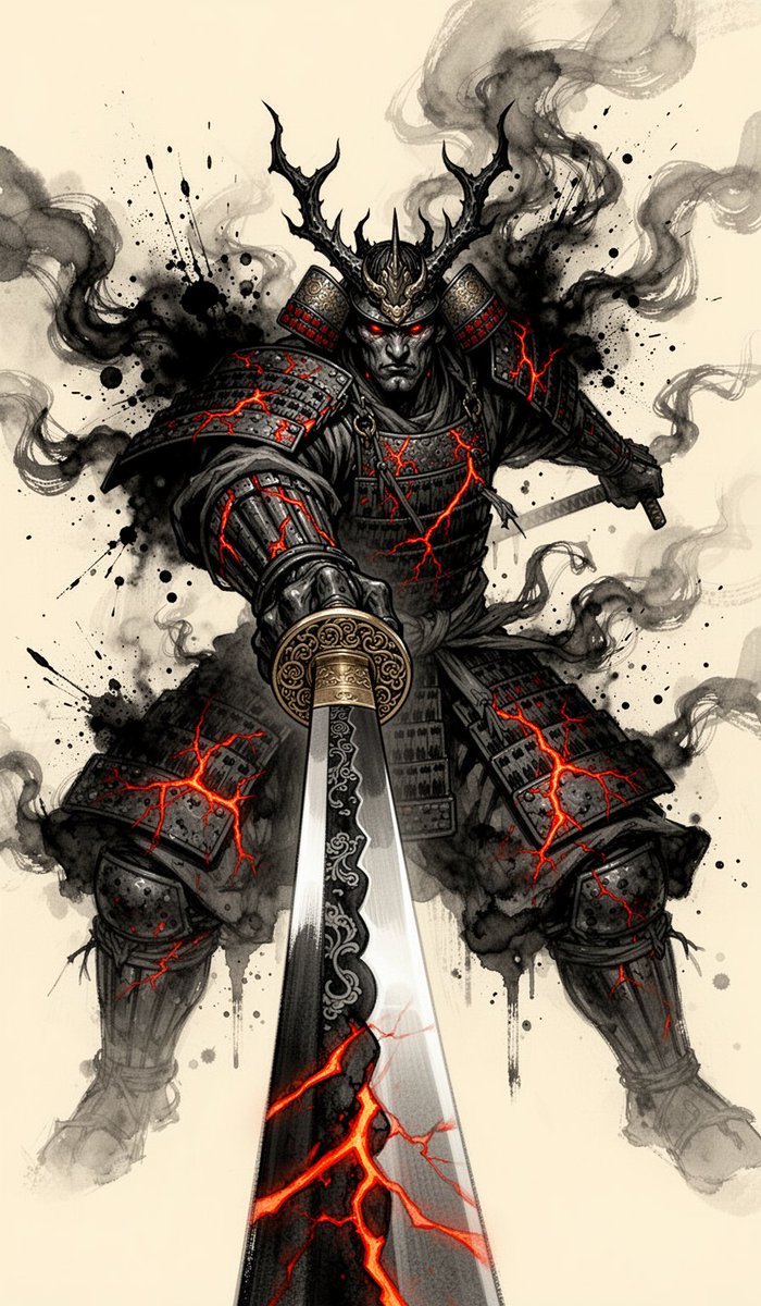 一座高耸的恶魔武士直接向观者猛扑过来,双手紧握一柄华丽的武士刀,猛烈地刺入画面极致的近景,夸张的强制透视,水墨与烟雾风格的水墨画(sumi-e…, 图片 1