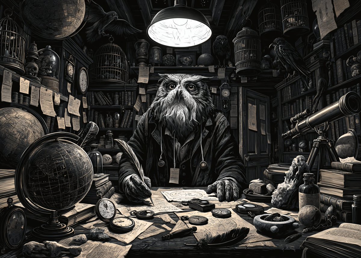 crowded curiosity shop filled with antique globes, pocket watches, birdcages, b…
