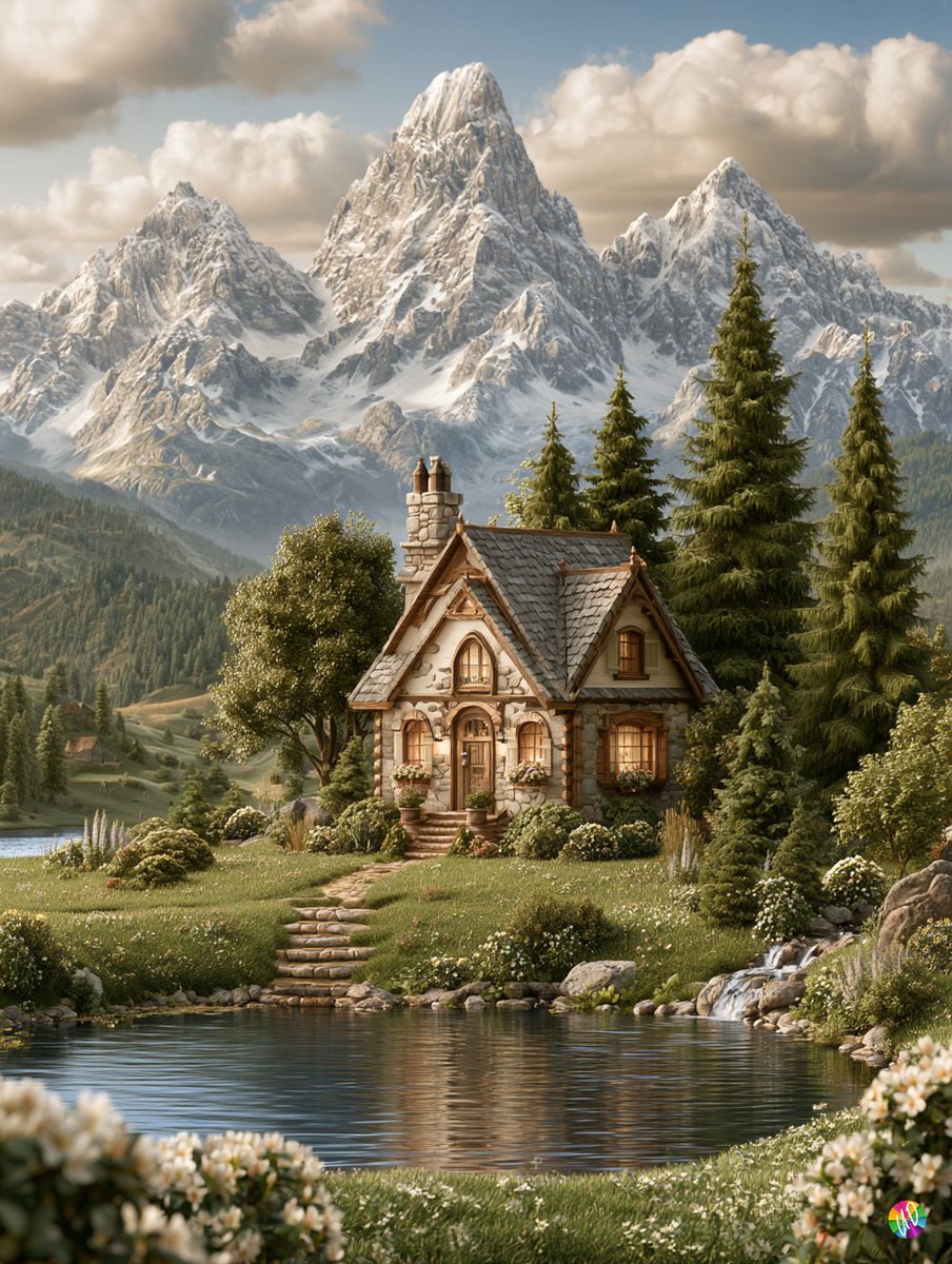 以阿尔伯特·比尔施塔特 (Albert Bierstadt) 的风格。前景是一片有大池塘的草甸。池塘边有一座小屋。背景应有高耸的、被雪覆盖的山…, 图片 1