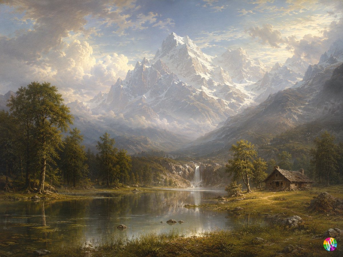 以阿尔伯特·比尔施塔特 (Albert Bierstadt) 的风格。前景是一片有大池塘的草甸。池塘边有一座小屋。背景应有高耸的、被雪覆盖的山…, 图片 2