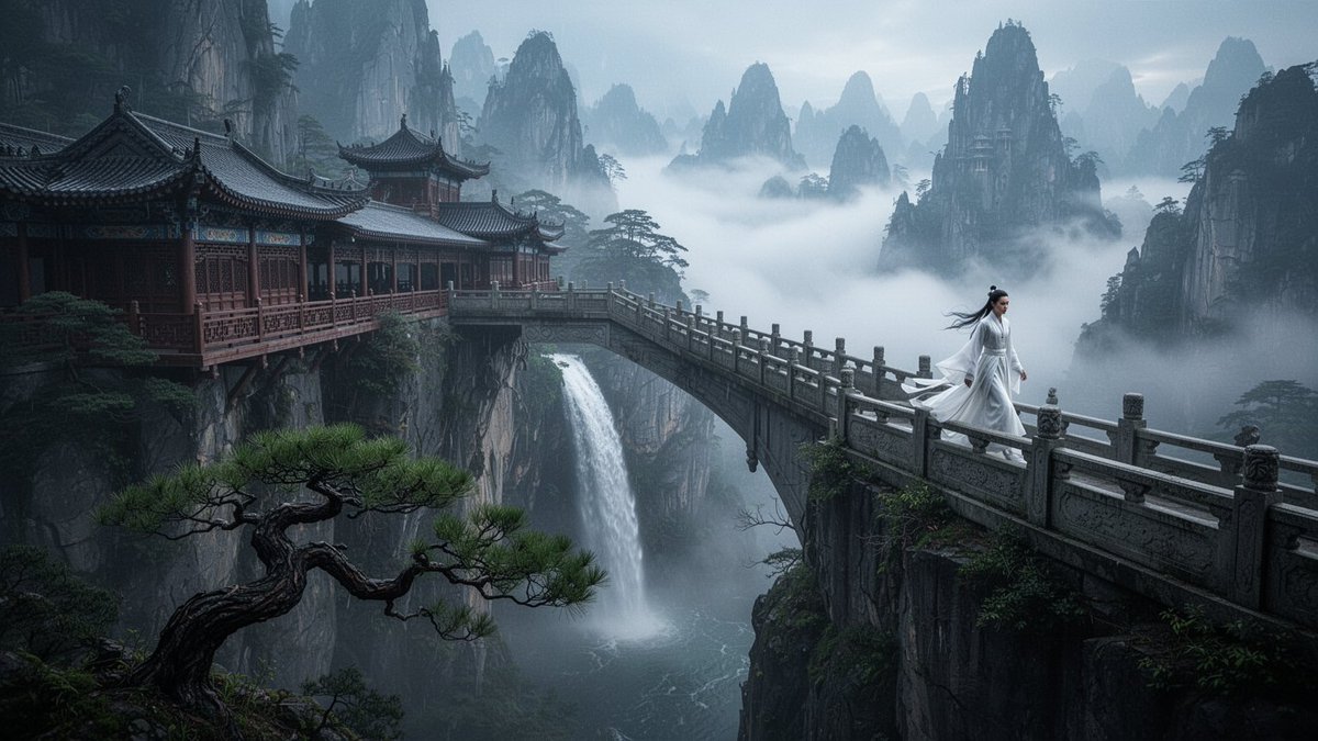电影级 16:9 奇幻风景,雾气弥漫的蓝灰色仙山秘境,云海如梦似幻,一座古老的木质走廊桥嵌入崖壁,横跨峡谷,瀑布从桥下飞泻而下,一位身着飘逸白…, 图片 1