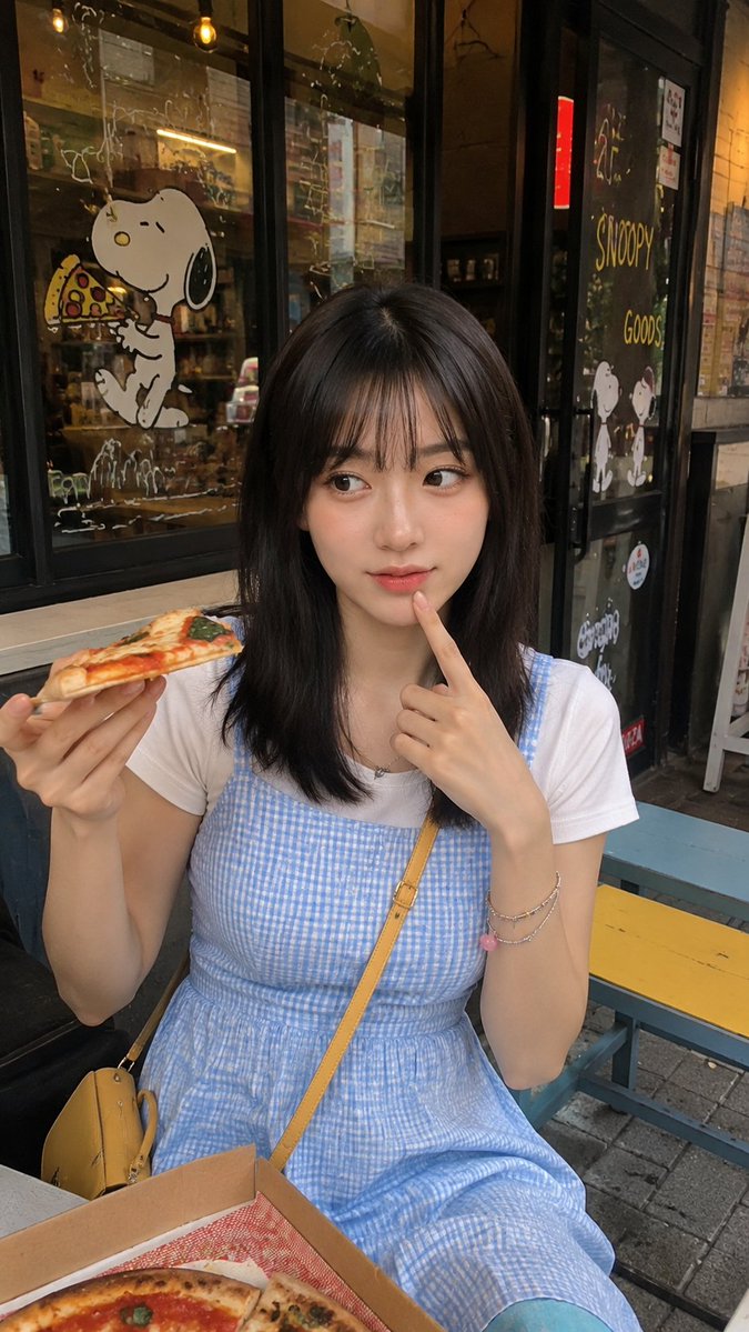 一张抓拍的竖版生活方式照片:一位年轻女子坐在一家温馨的咖啡馆或休闲餐厅里,身穿一条可爱的浅蓝色格纹背带连衣裙,内搭一件素净的白色短袖上衣。她留…, 图片 1