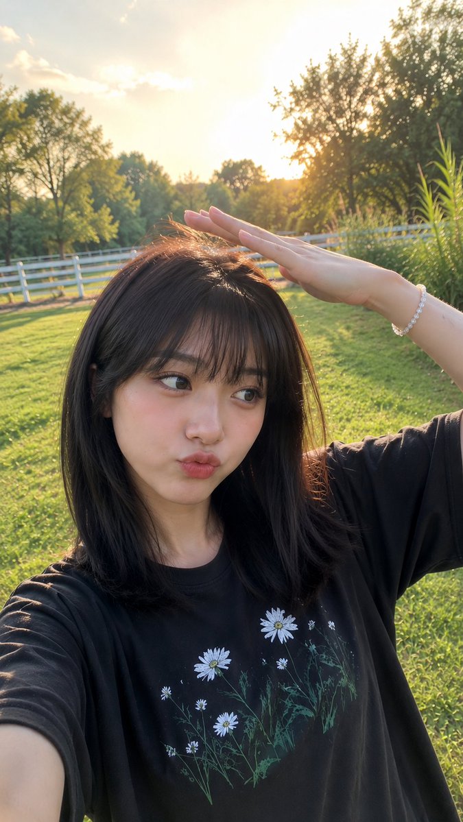 在宁静翠绿的公园中,一位年轻的东亚女性享受着晴朗午后的写实风格抓拍户外照。她留着顺滑的齐肩深棕色头发,齐整的直刘海自然地修饰着脸型,肌肤柔和白…, 图片 1