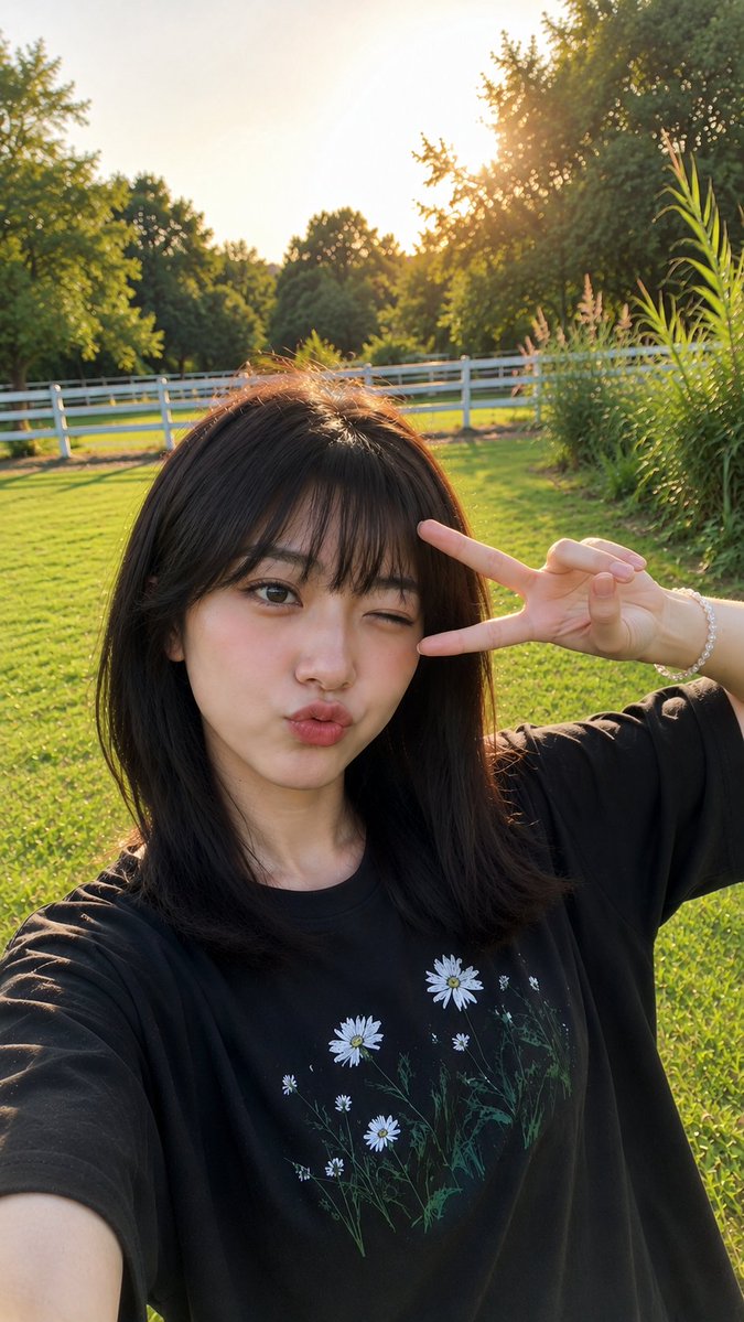 在宁静翠绿的公园中,一位年轻的东亚女性享受着晴朗午后的写实风格抓拍户外照。她留着顺滑的齐肩深棕色头发,齐整的直刘海自然地修饰着脸型,肌肤柔和白…, 图片 2
