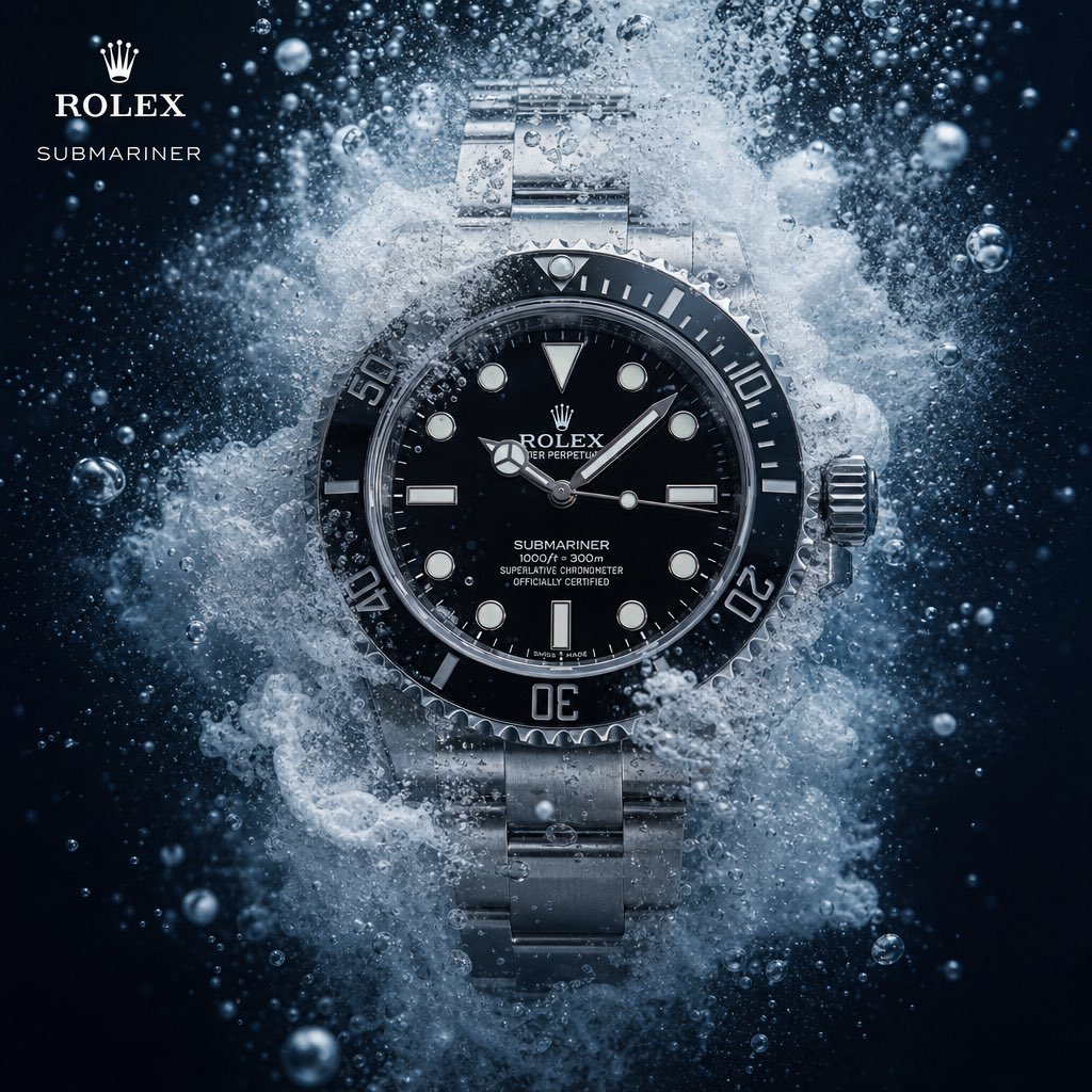生成一张方形格式的活动宣传图片，通过重新构想一款受[Rolex]启发的一款特定产品，将其中一种传统材质、功能或设计原则完全替换为大胆而出乎意料…, 图片 1