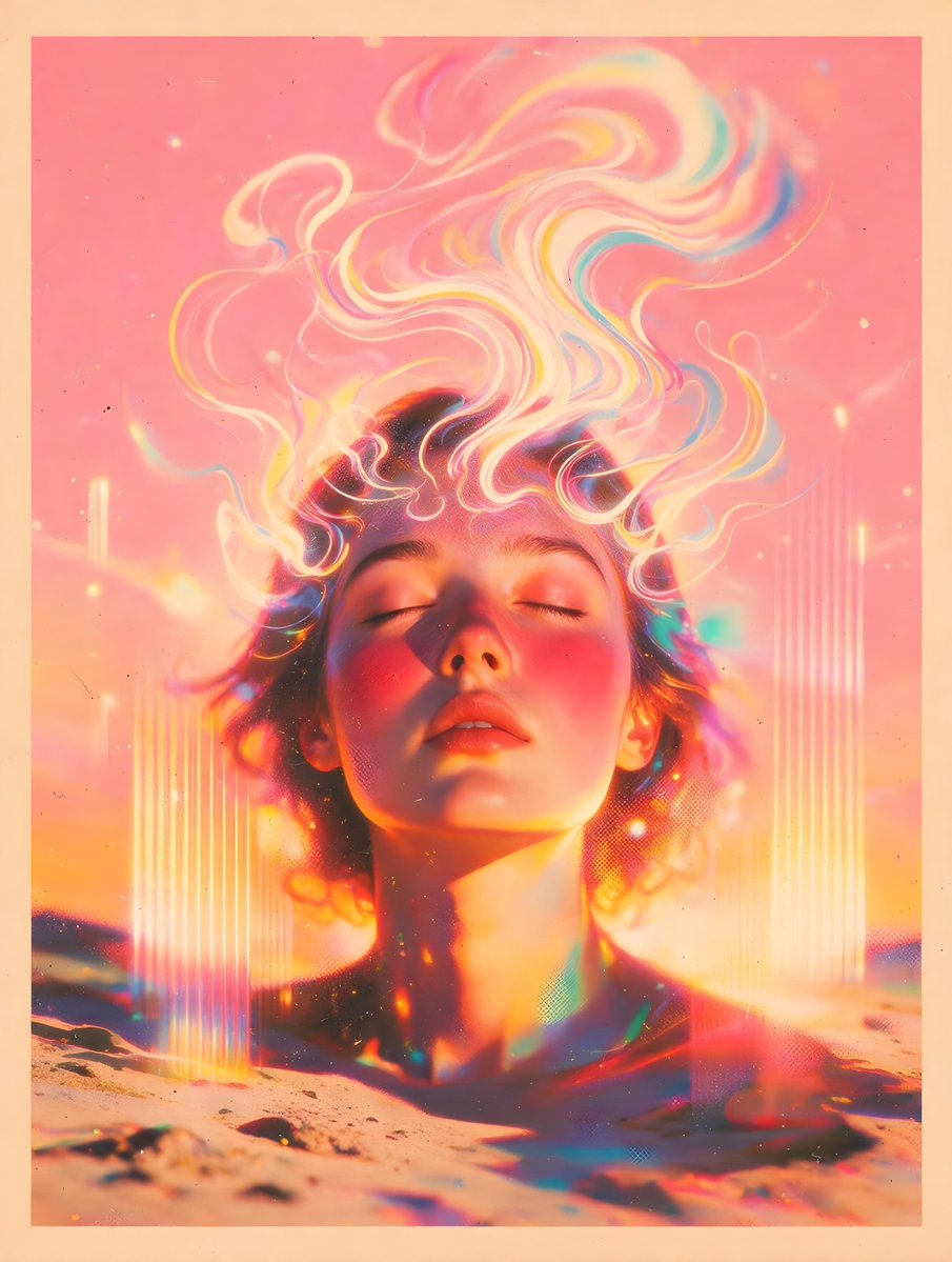 一幅肖像画描绘了一位闭着眼睛、面颊红润的女子。在她的头顶上方，色彩斑斓的波浪线条以粉色、黄色、蓝色和白色的色调向上散发，犹如烟雾或抽象的思绪。…, 图片 1