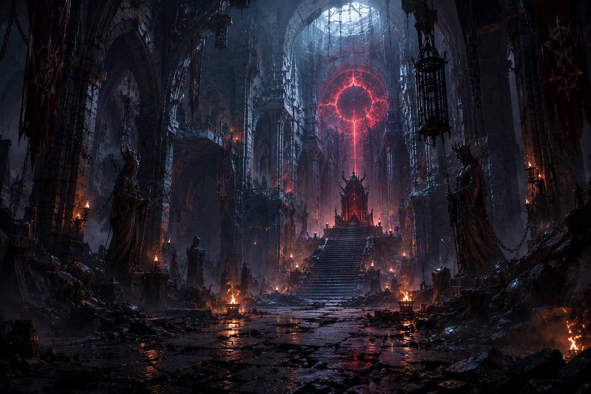“创建一个电影感黑暗奇幻Boss角色设定图，包含正面/侧面/背面视图，保持一致的15英尺高身披盔甲的魔王，全身覆盖黑色符文的盔甲，角状王冠，破…, 图片 3
