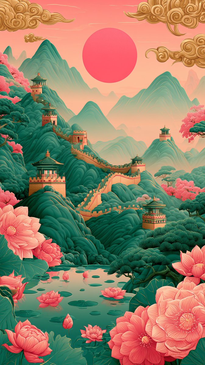 中国长城的插画,金色调蜿蜒穿过翠绿的山峦,配以传统宝塔式烽火台。前景:宁静的荷花池,盛开着粉色莲花和睡莲叶,以及大型装饰性的粉红色和珊瑚色花朵…, 图片 1